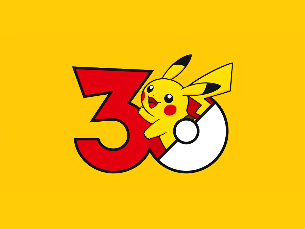 Pikachu inside a red and white 30th-anniversary logo.