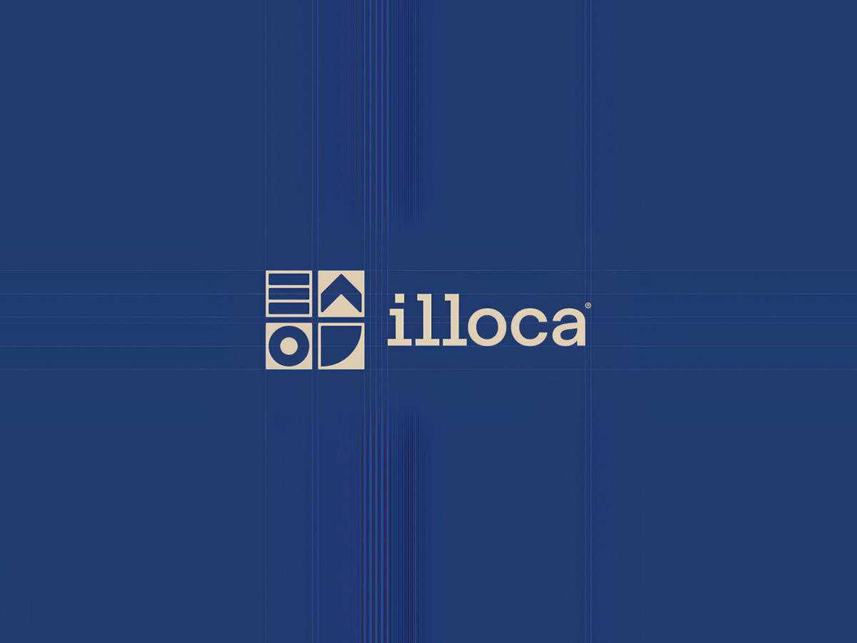 Illoca logo lockup featuring a four-panel geometric mark and wordmark over a blue background.