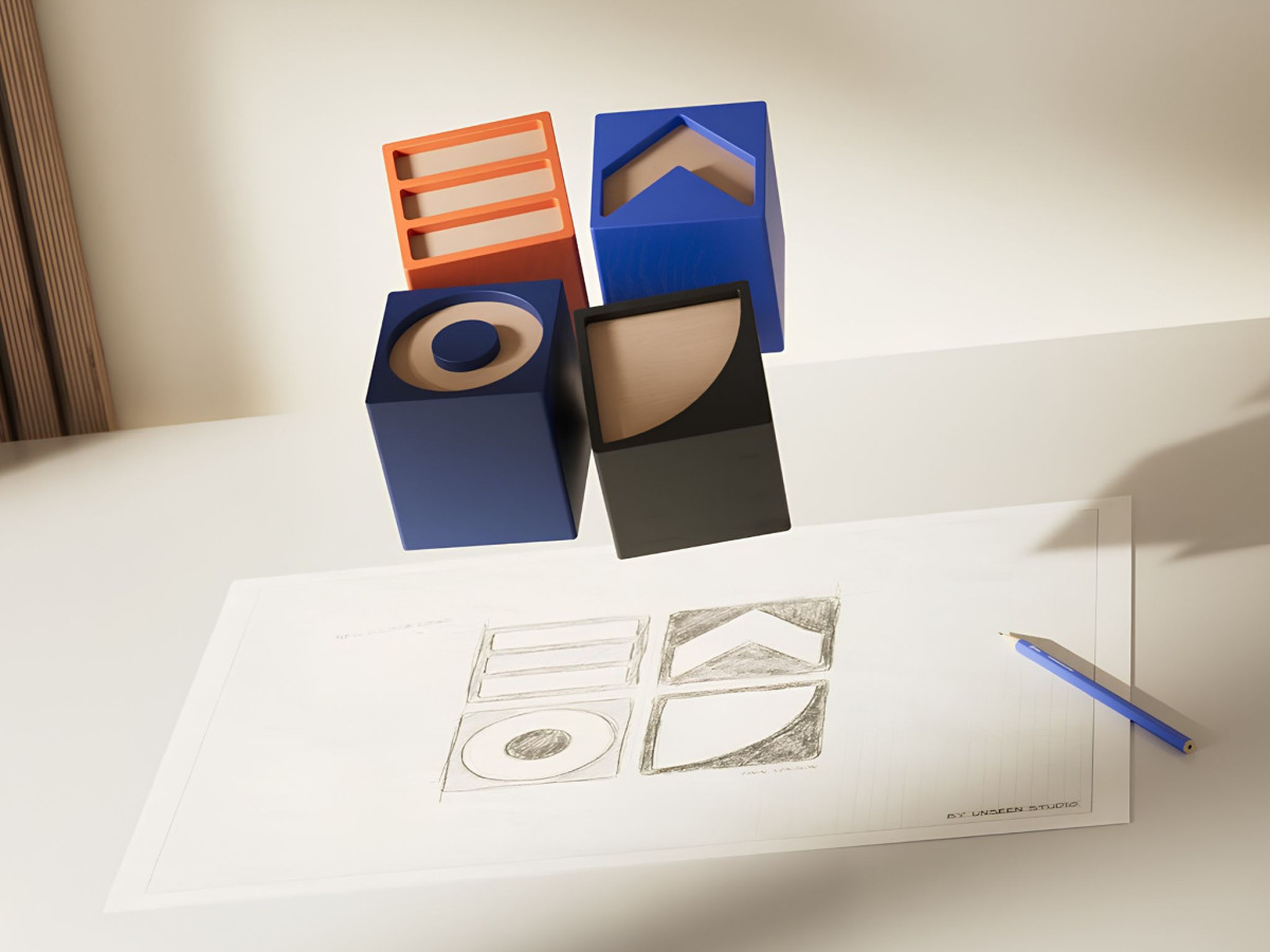 Colorful 3D geometric blocks floating above a hand-drawn pencil sketch of the Illoca logo.