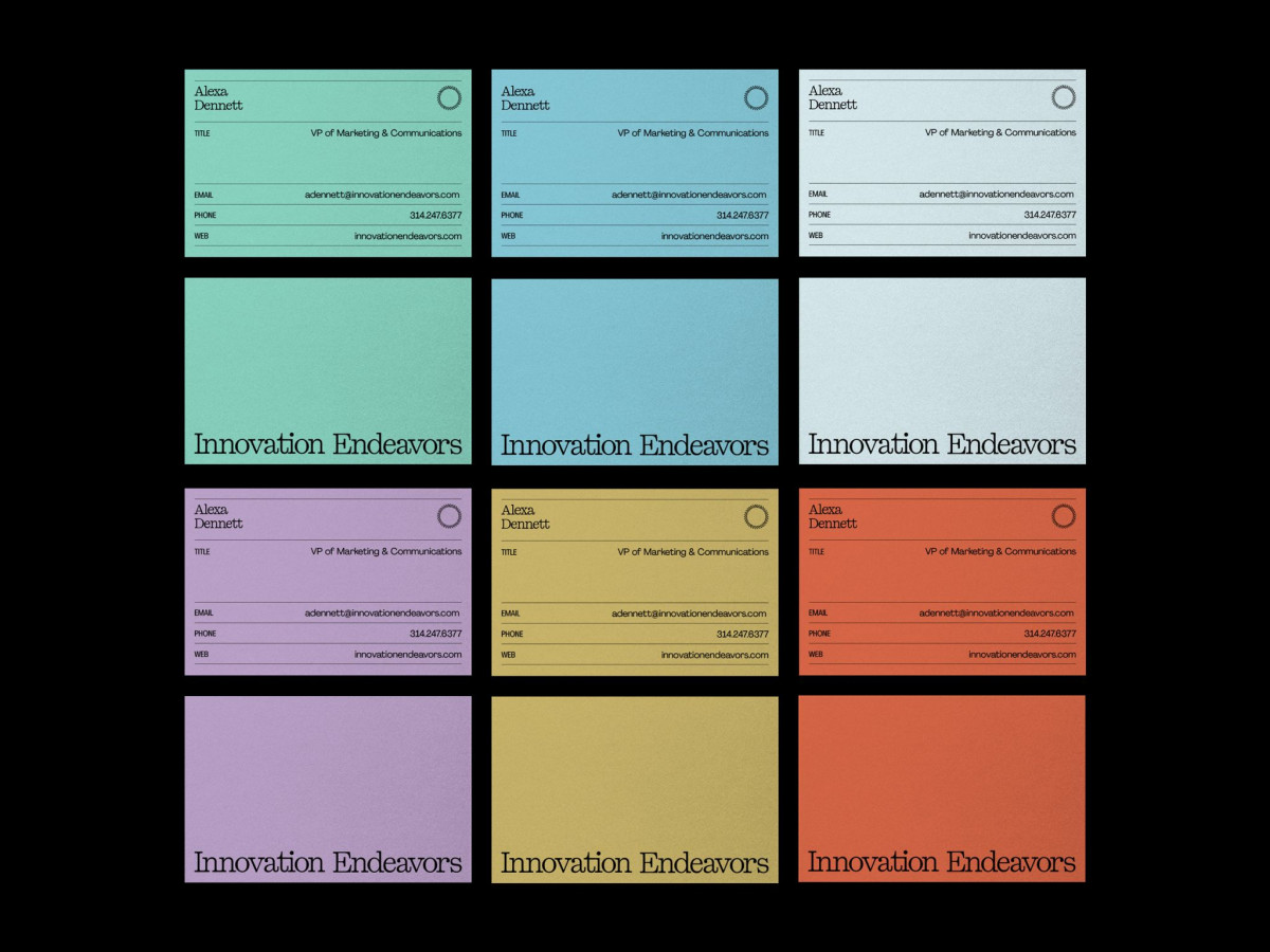 Grid of Innovation Endeavors business cards in various pastel colors.