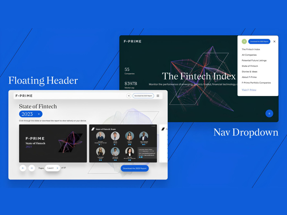 F-Prime website floating header and dropdown navigation menu.