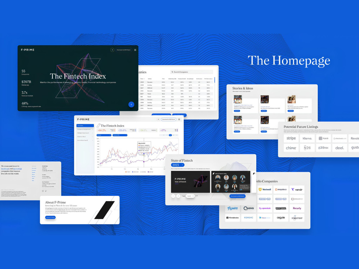 Collage of F-Prime homepage sections and UI elements.