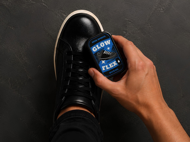 Hand applying a Glow Flex shoe sponge to a black leather sneaker.