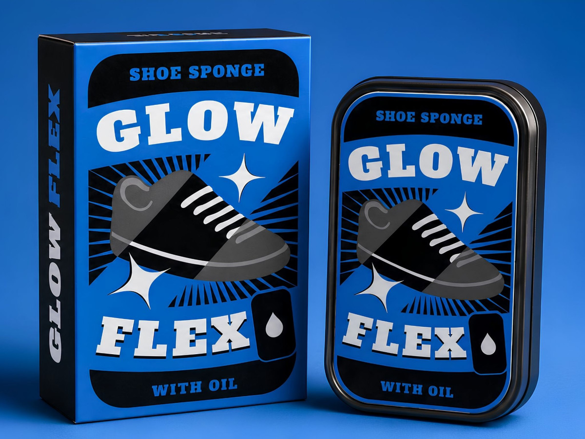 Glow Flex shoe sponge tin next to its matching blue and black box.