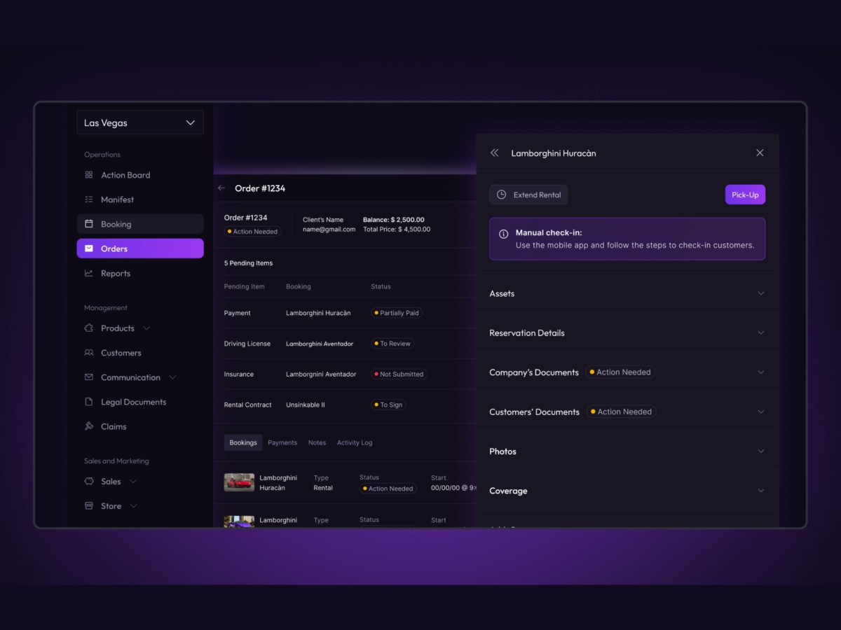 Dark mode desktop dashboard showing active order details and manual check-in steps for a Lamborghini Huracán.