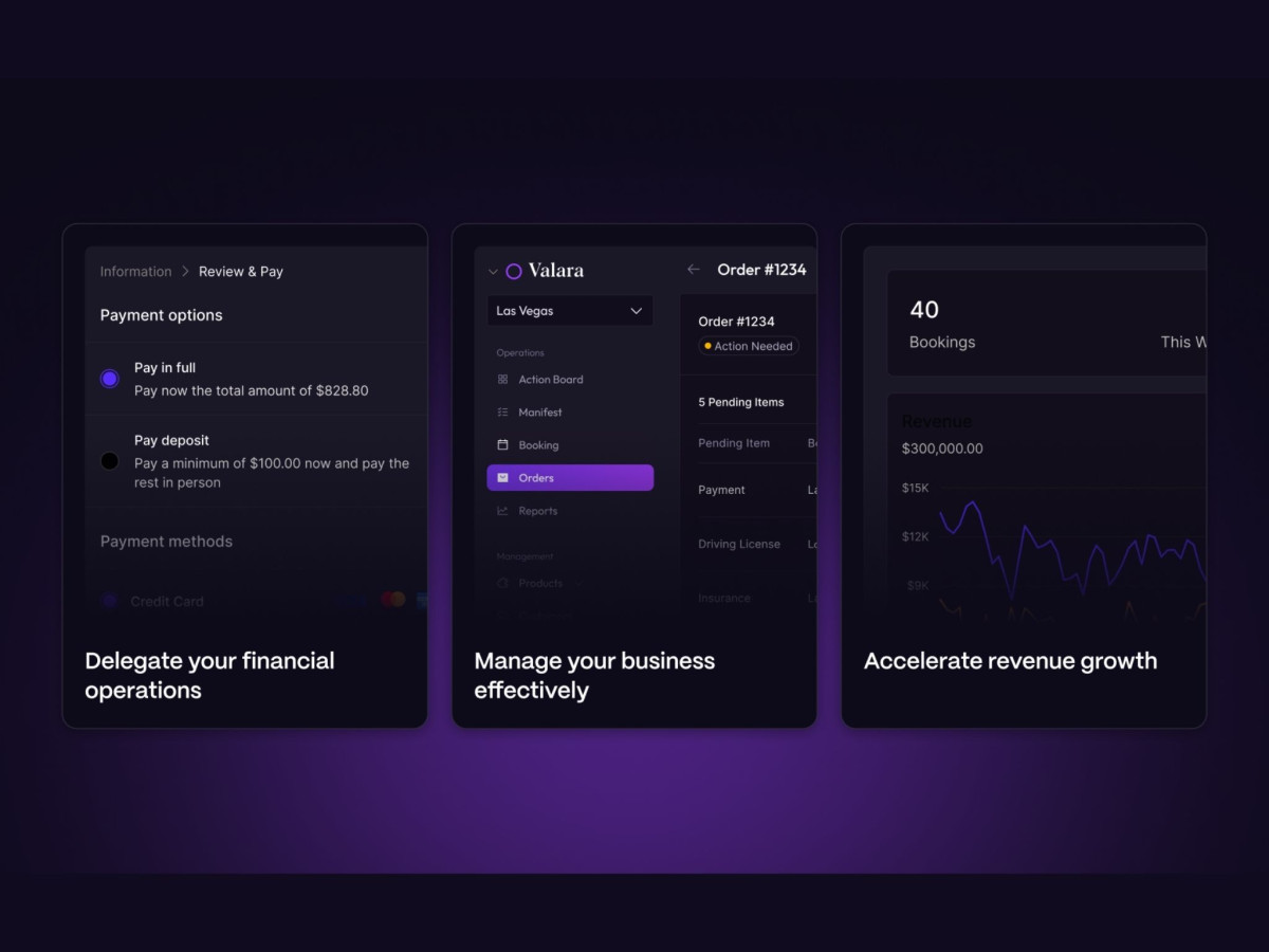 Three dark mode mobile screens highlighting financial delegation, business management, and revenue tracking features.