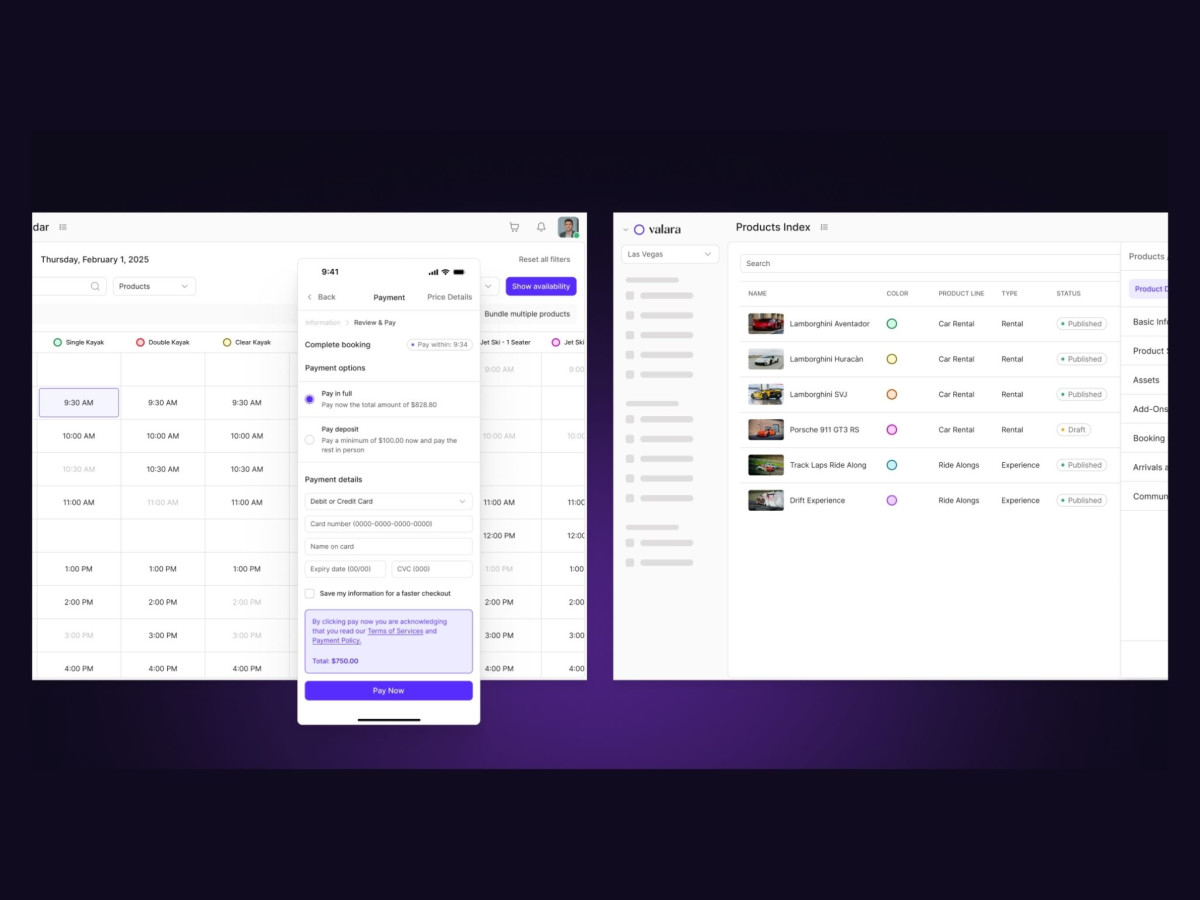 Light mode desktop interface featuring a product availability calendar and a vehicle index, alongside a mobile payment booking screen.