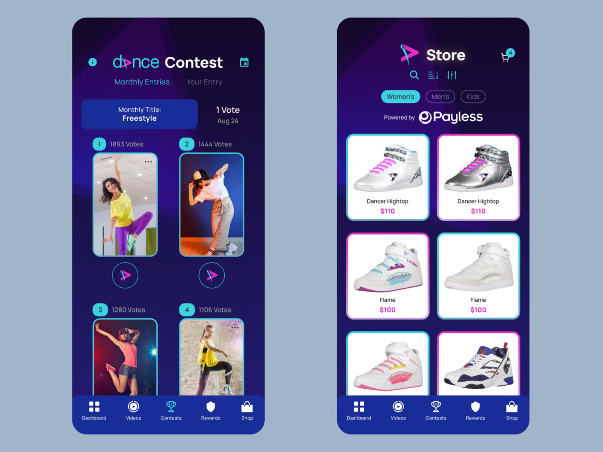LA Gear app dance contest and sneaker store interface.