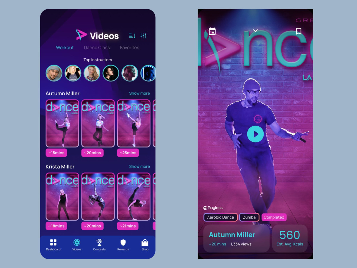 LA Gear dance workout video dashboard and player interface.