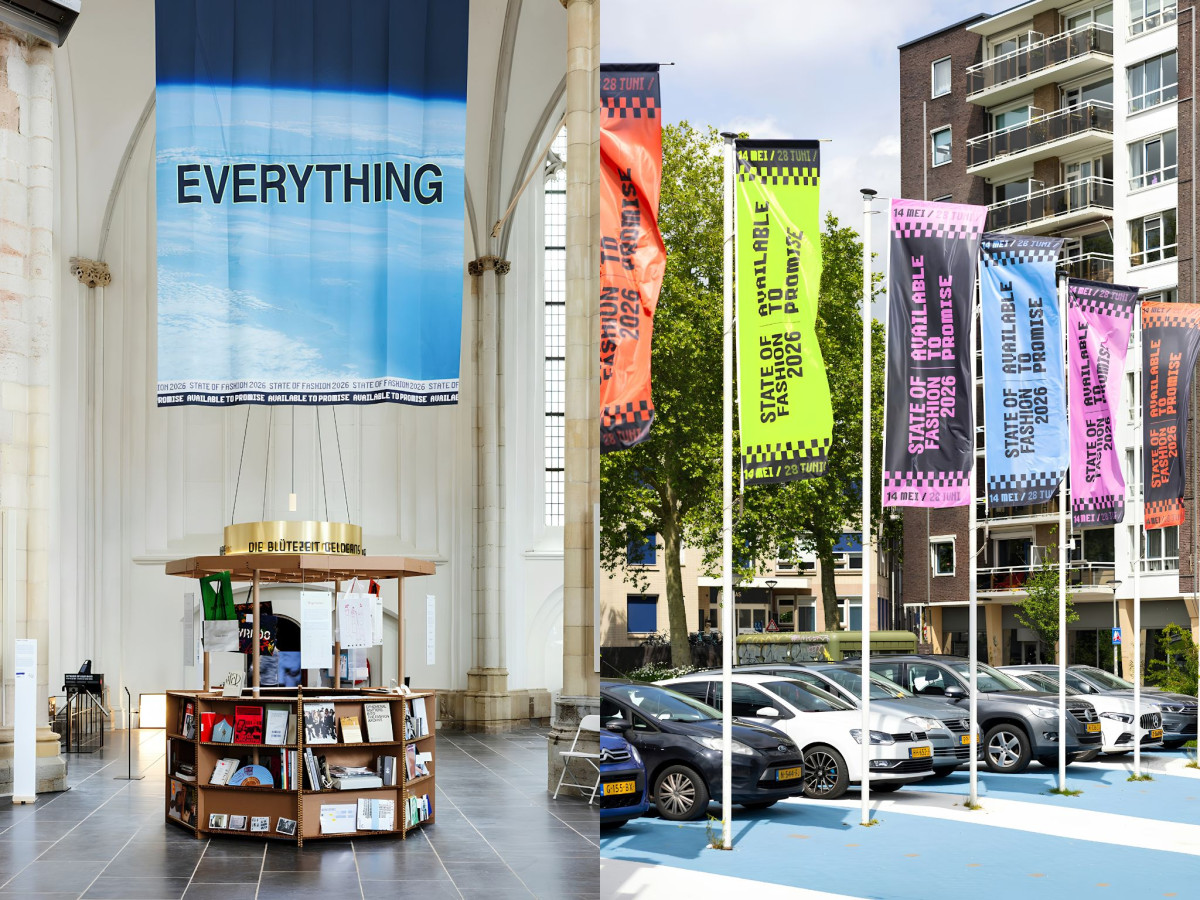 State of Fashion exhibition banner and colorful outdoor flags.