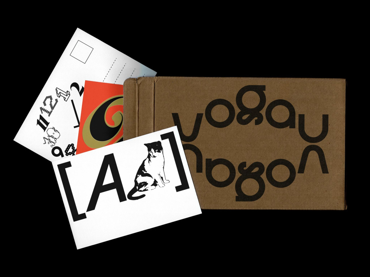 Printed postcards emerging from a brown Vogau cardboard envelope.