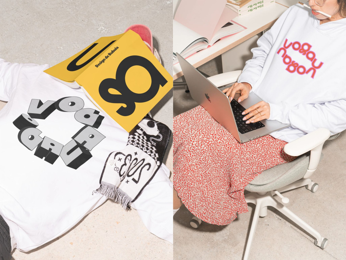 People wearing white hoodies displaying the Vogau typographic logo.