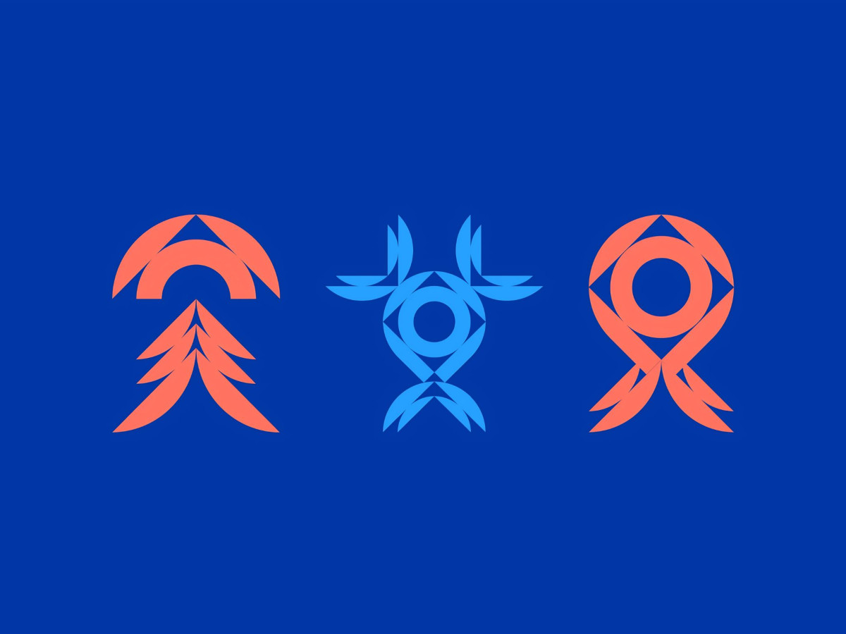 Three geometric seafood icons in orange and light blue.