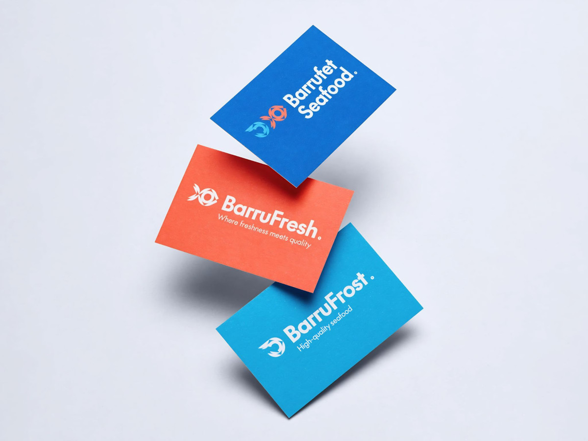 Three floating business cards showing different brand logos and colors.