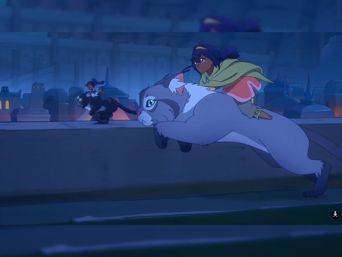 Girls riding giant cat-like creatures at night.