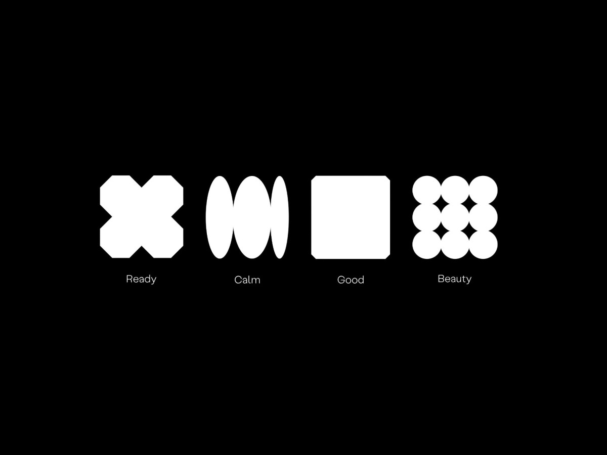 Four white geometric shapes labeled Ready, Calm, Good, Beauty.