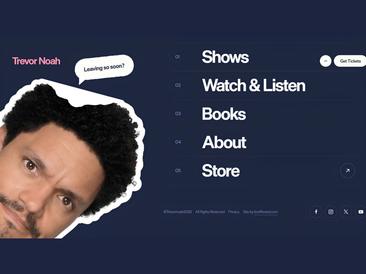 Trevor Noah head cutout beside a website navigation menu.