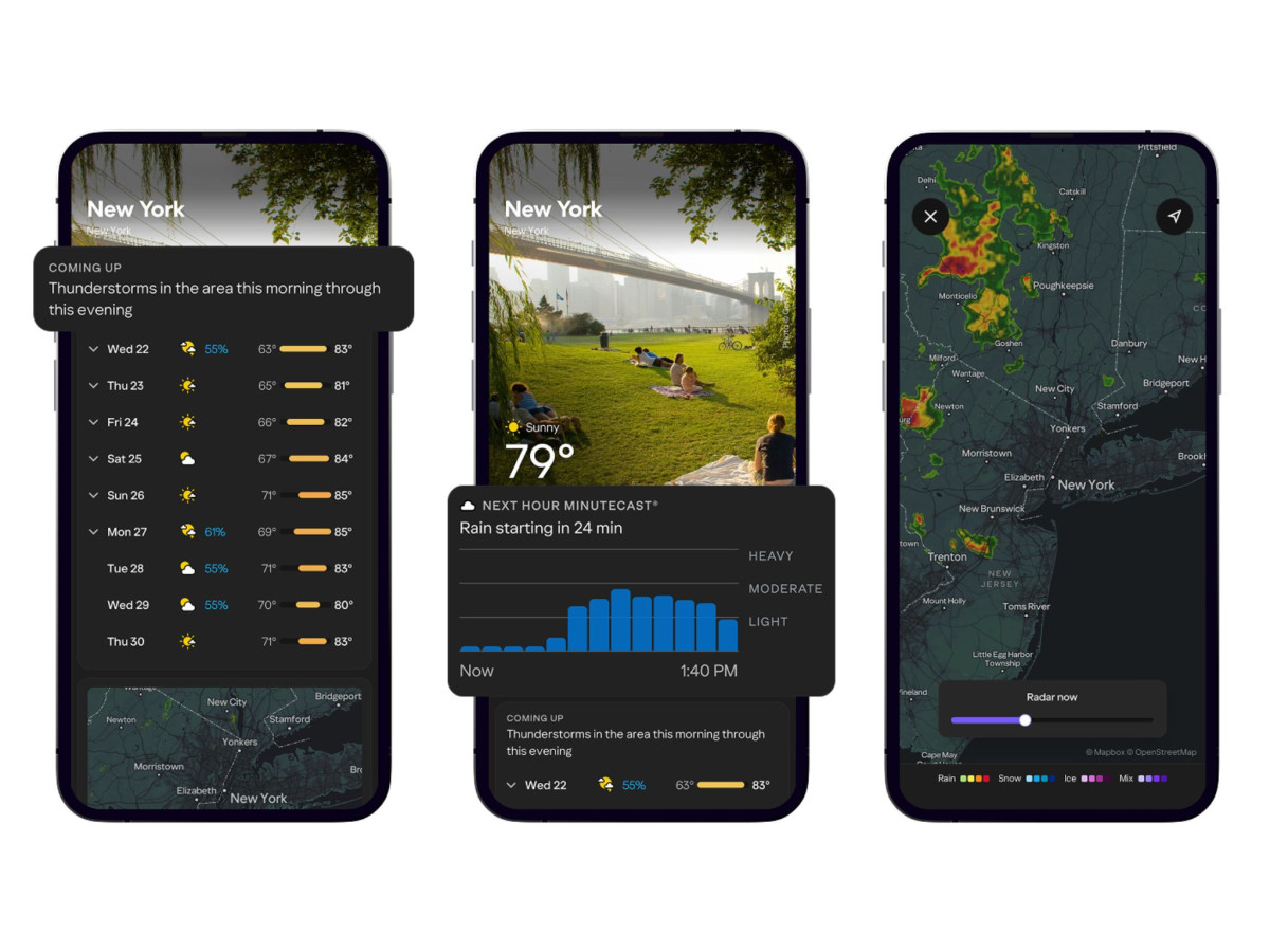 Three smartphone screens showing Yahoo Weather app interface features.