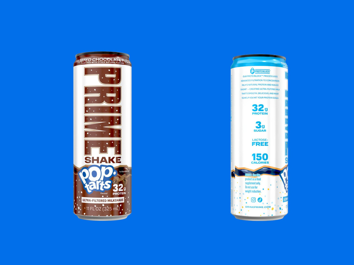 Prime Pop-Tarts Chocolate Fudge and Blueberry protein shake cans.