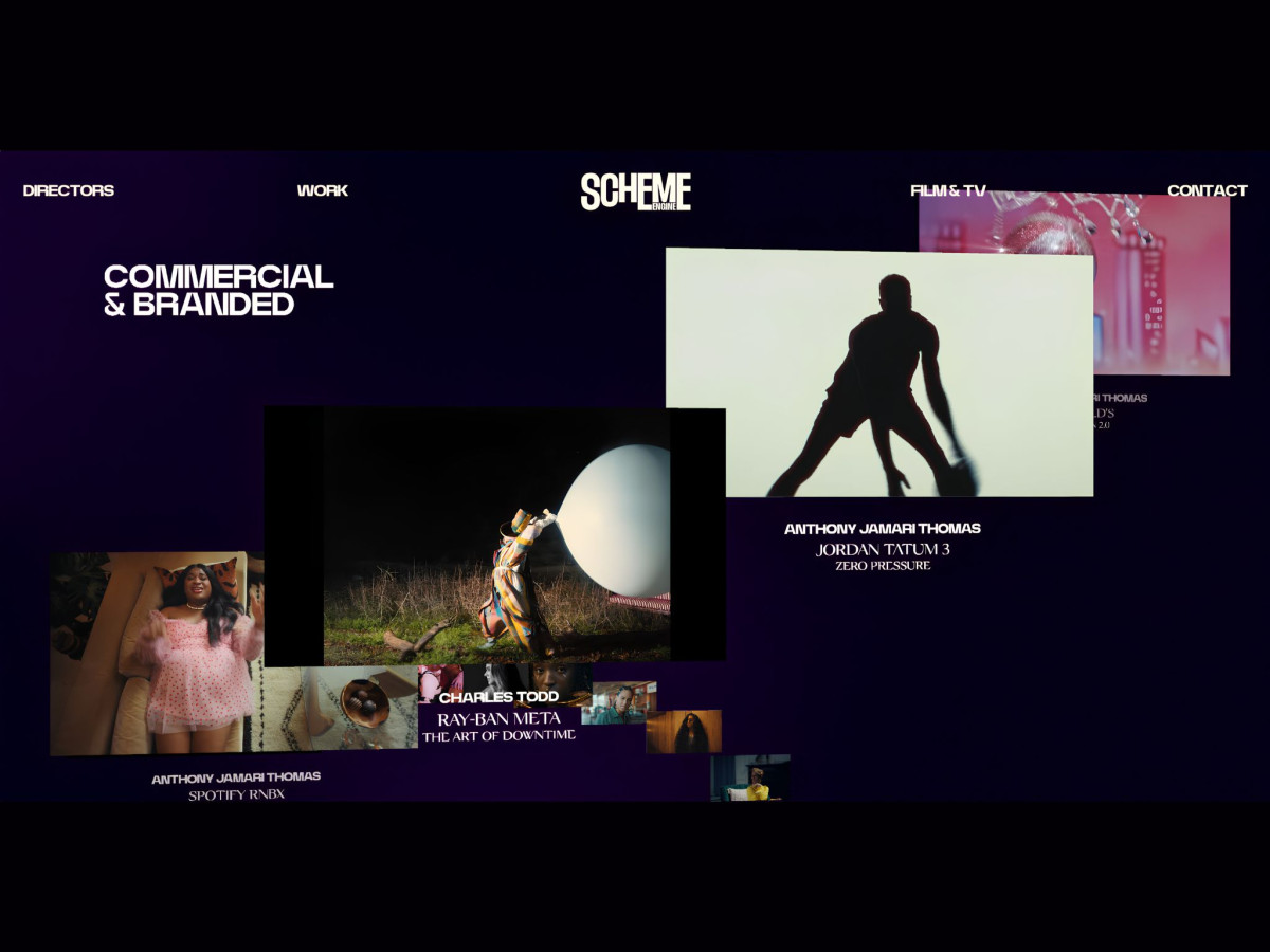 Scheme Engine portfolio website with scattered video project thumbnails.