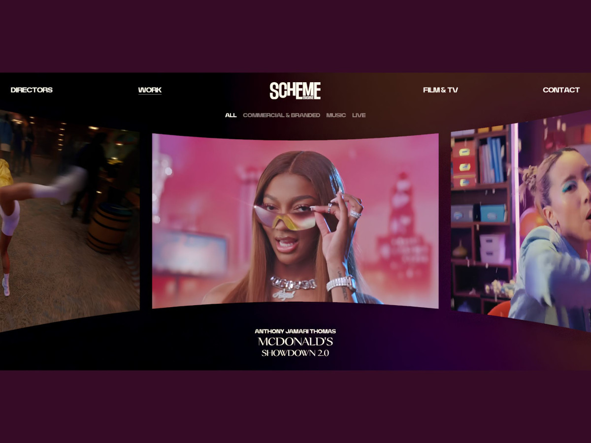 Scheme Engine website featuring a curved horizontal video carousel.