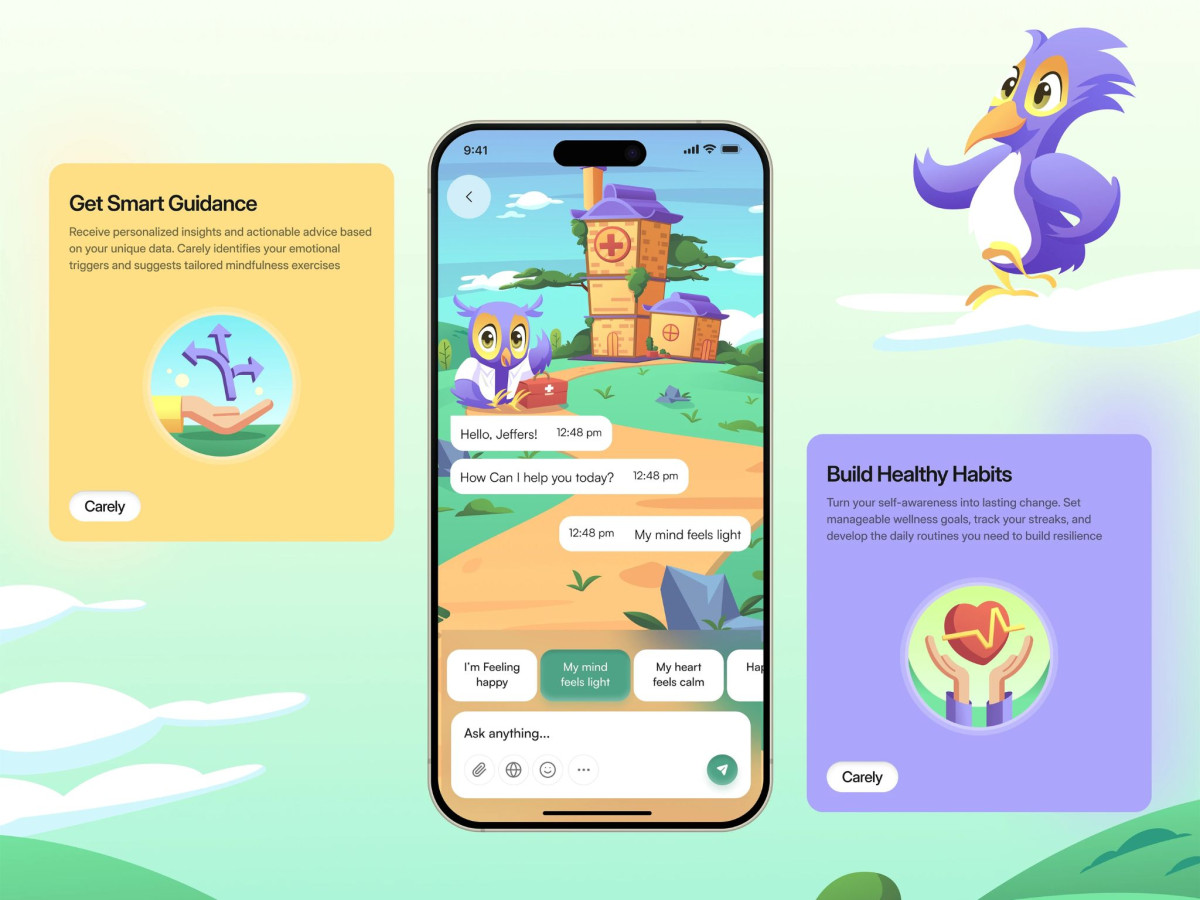 Smartphone chat interface surrounded by informative cards and bird character.