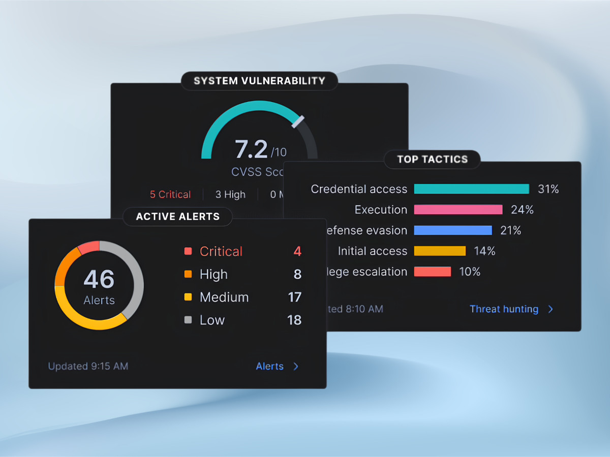 Three floating dark mode dashboard widgets for cybersecurity metrics.
