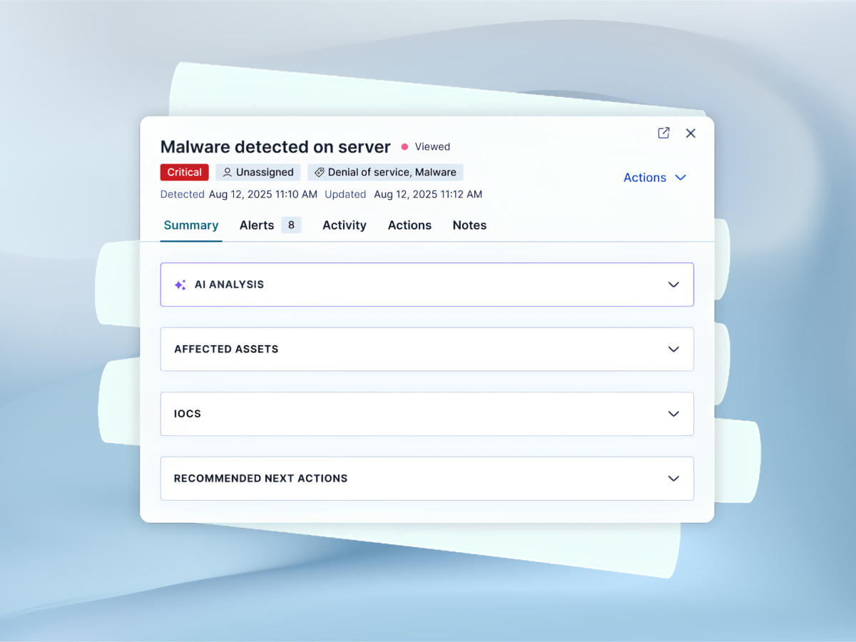 Light mode incident detail modal showing malware detection alerts.