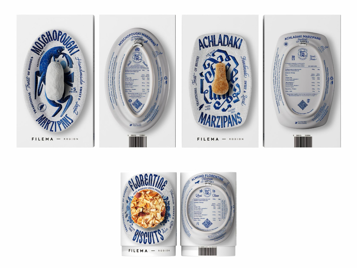 Close-up details of white packaging with blue patterned interiors.