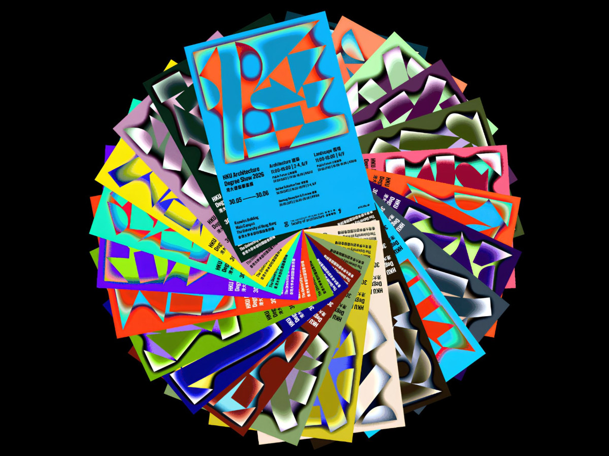 Colorful abstract exhibition posters arranged in a circular fan.