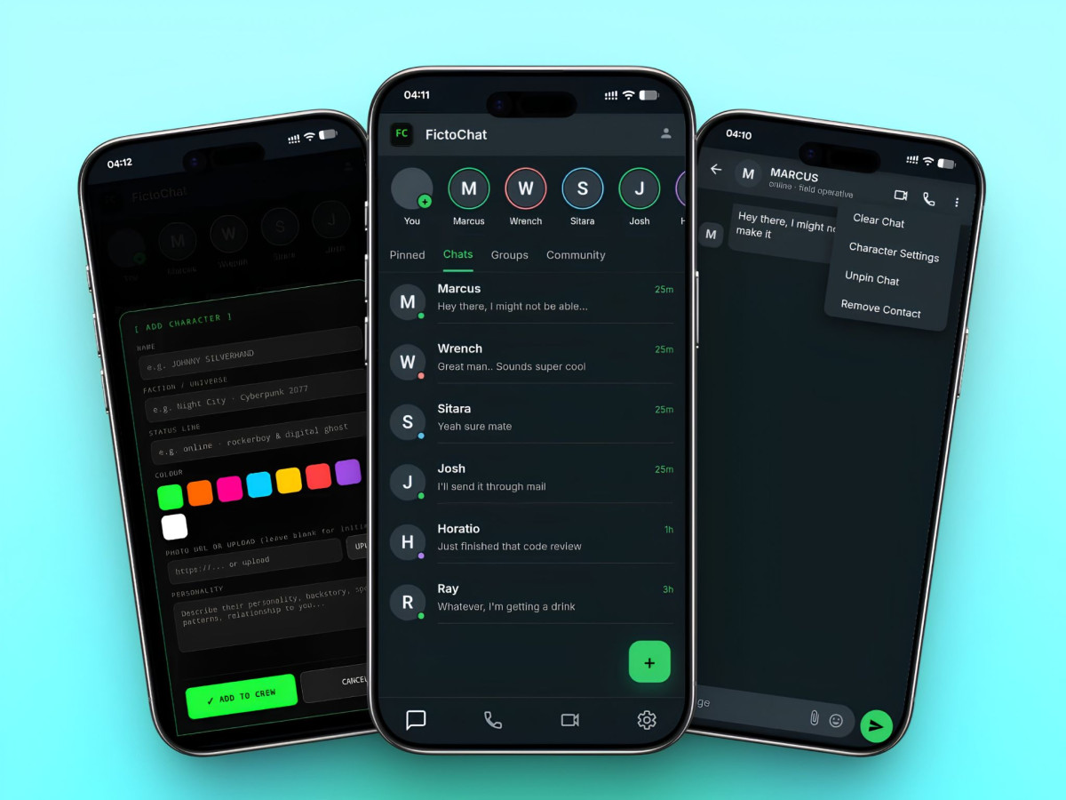 Three smartphone screens displaying FictoChat dark mode app interfaces.