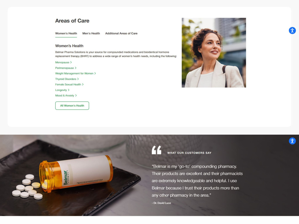 Belmar website showing Areas of Care and customer testimonial.