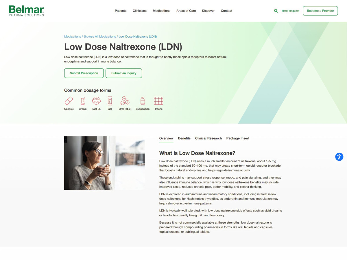 Belmar webpage for Low Dose Naltrexone with dosage icons.