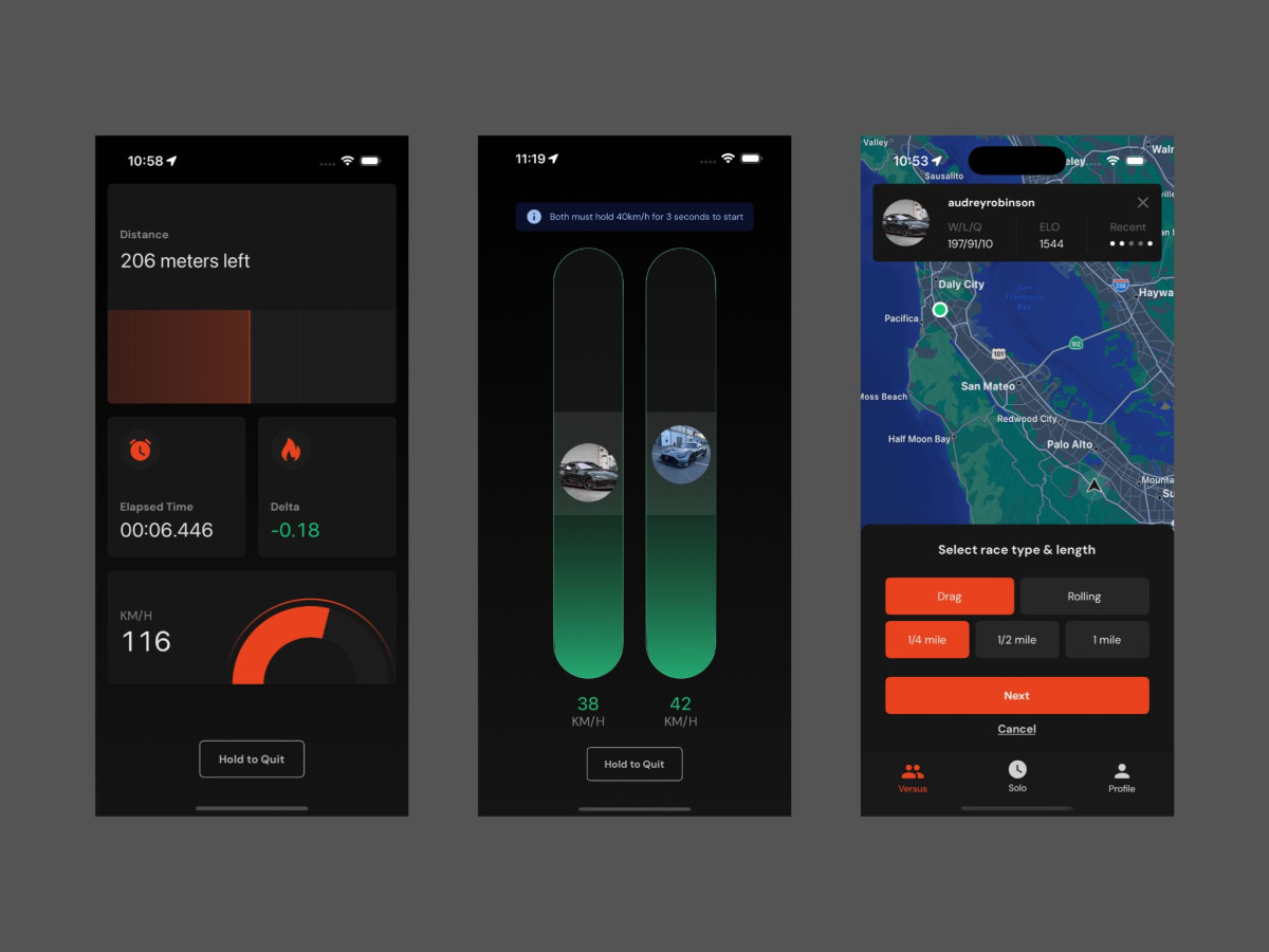 Three smartphone screens displaying the Pista app's racing dashboard, start synchronization, and map discovery features.