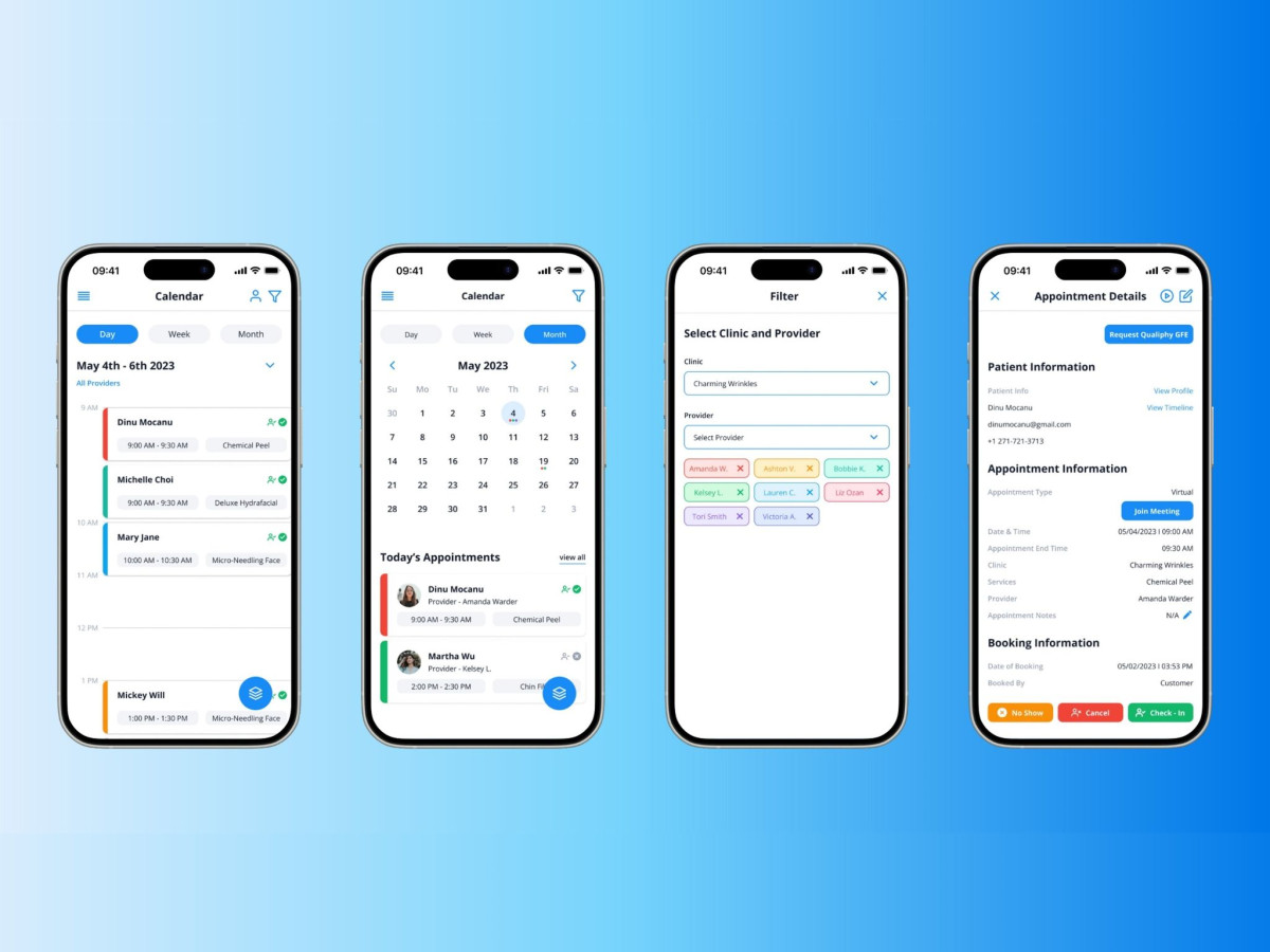 Four screens showing a healthcare calendar app interface.