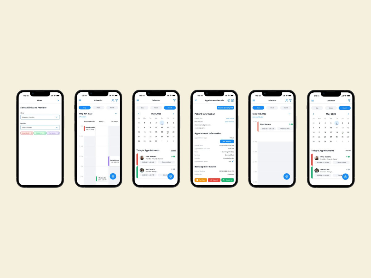 Six screens displaying a medical booking app workflow.