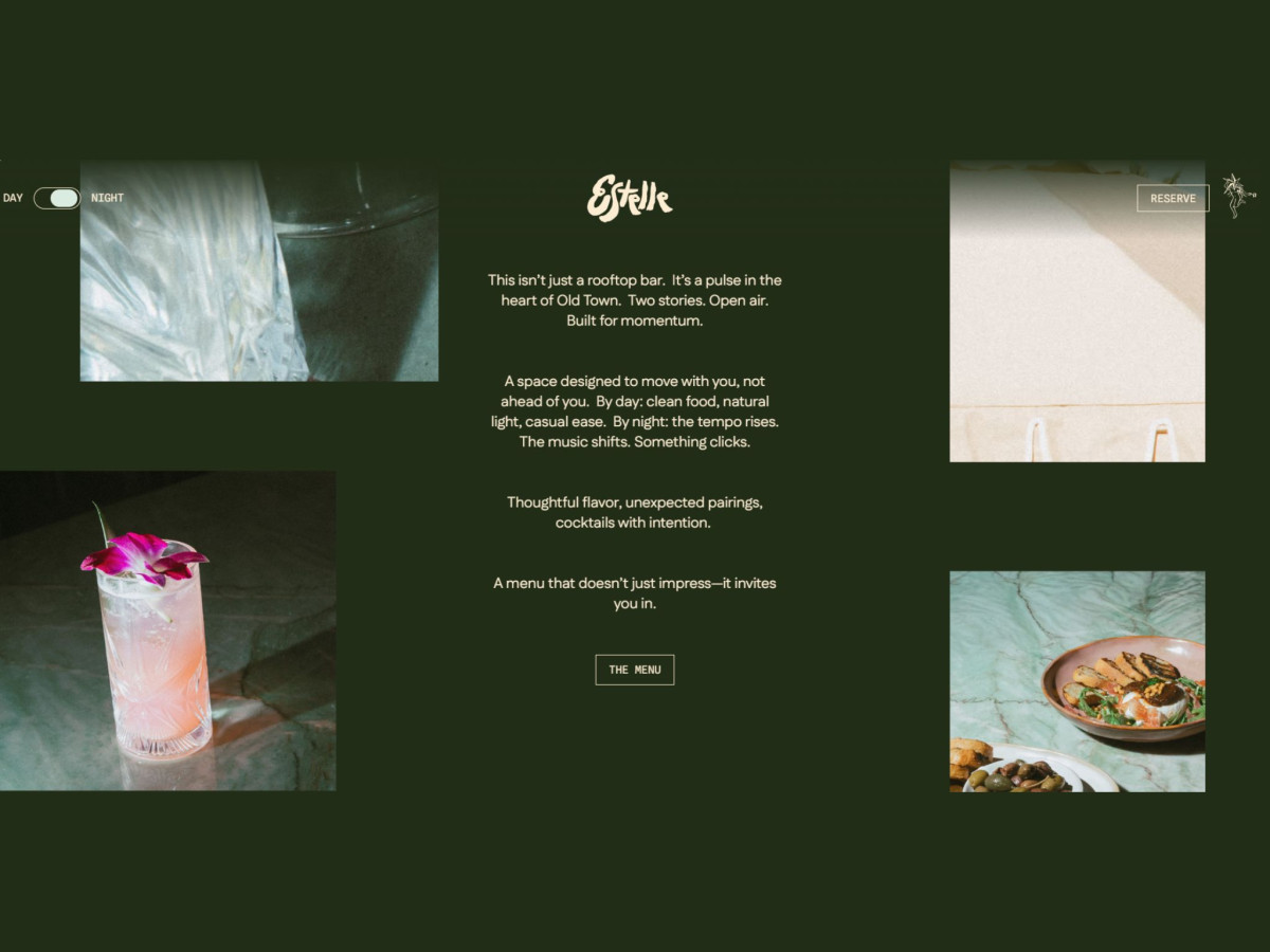 Dark green Estelle website featuring food and drink photos.