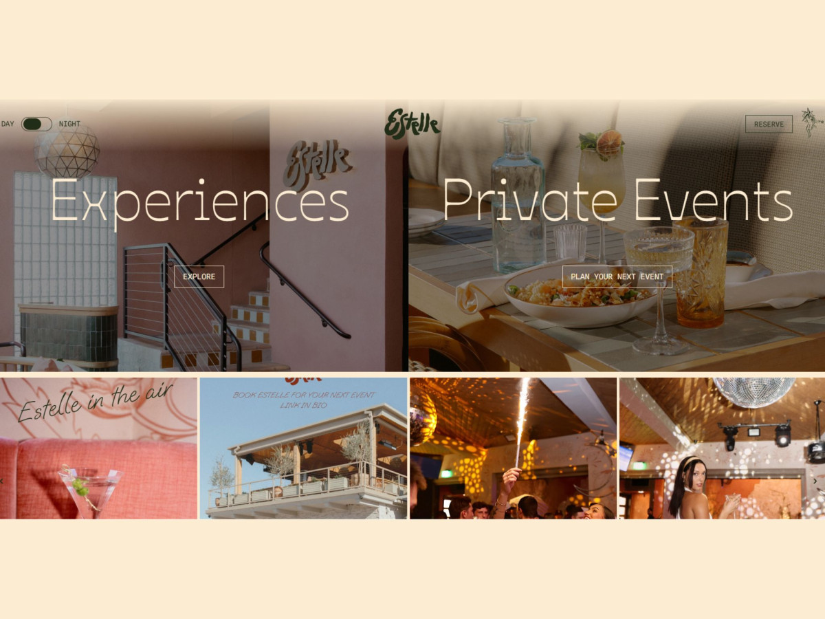 Estelle website layout showing experiences and private events sections.
