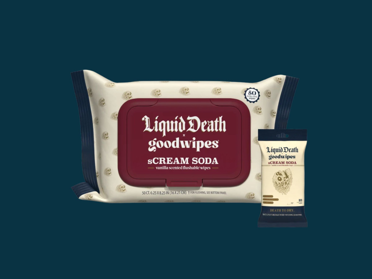 Liquid Death and Goodwipes sCream Soda wipe packs.