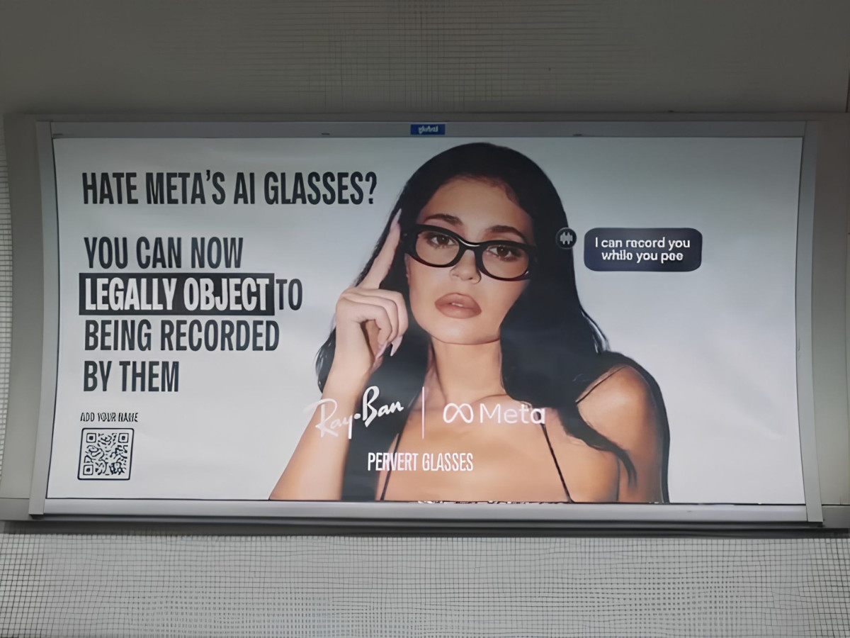 Anti-Meta smart glasses protest poster featuring Kylie Jenner.