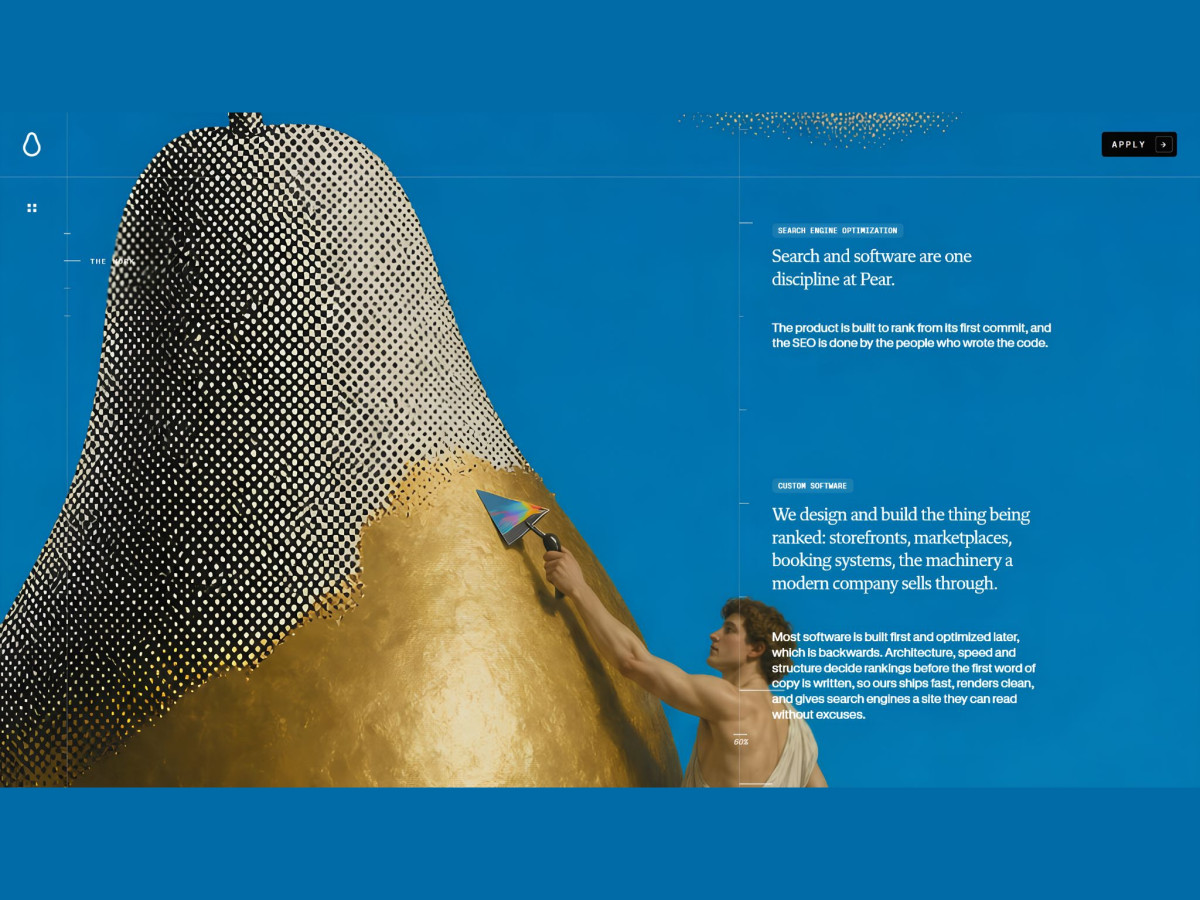 Pear website section featuring a giant pear graphic and SEO copy.