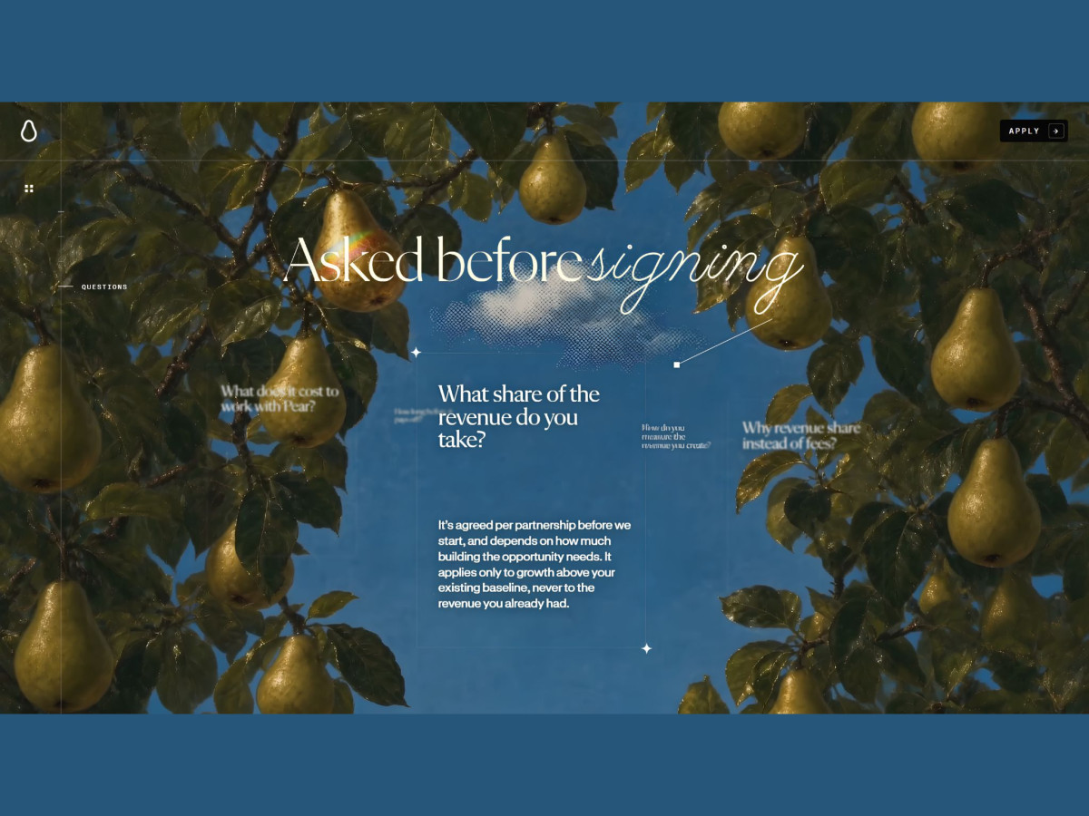 Pear website FAQ section overlaid on a pear tree background.