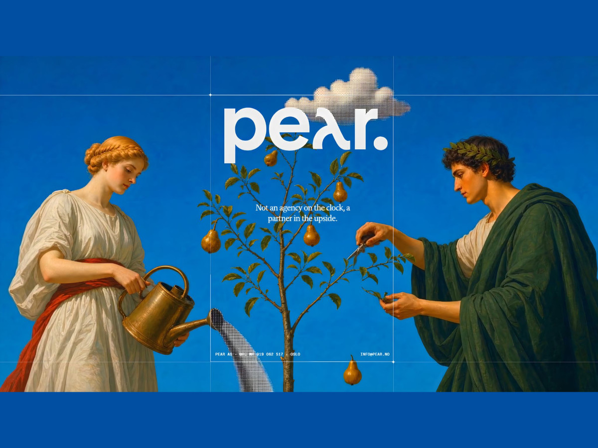 Pear website homepage with classical artwork of figures tending a pear tree.