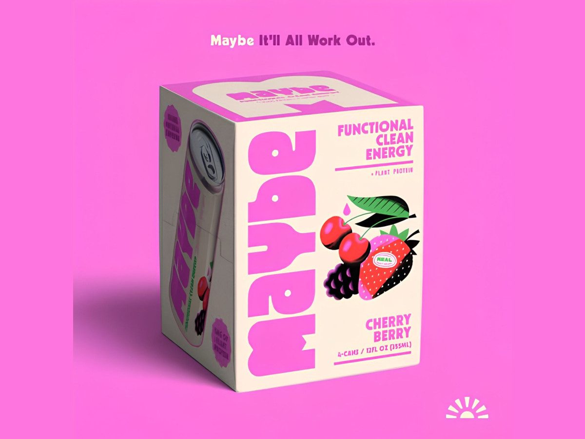Pink 4-pack box for Maybe Cherry Berry energy drink.