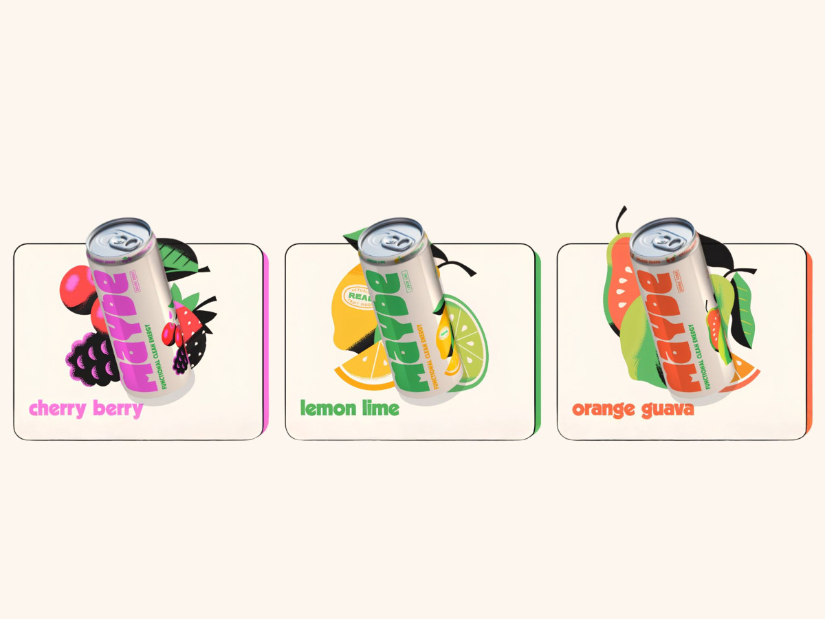 Three Maybe energy drink cans in different fruit flavors.