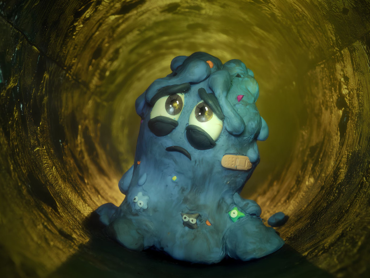 Sad, dirty claymation water drop in a dark pipe.