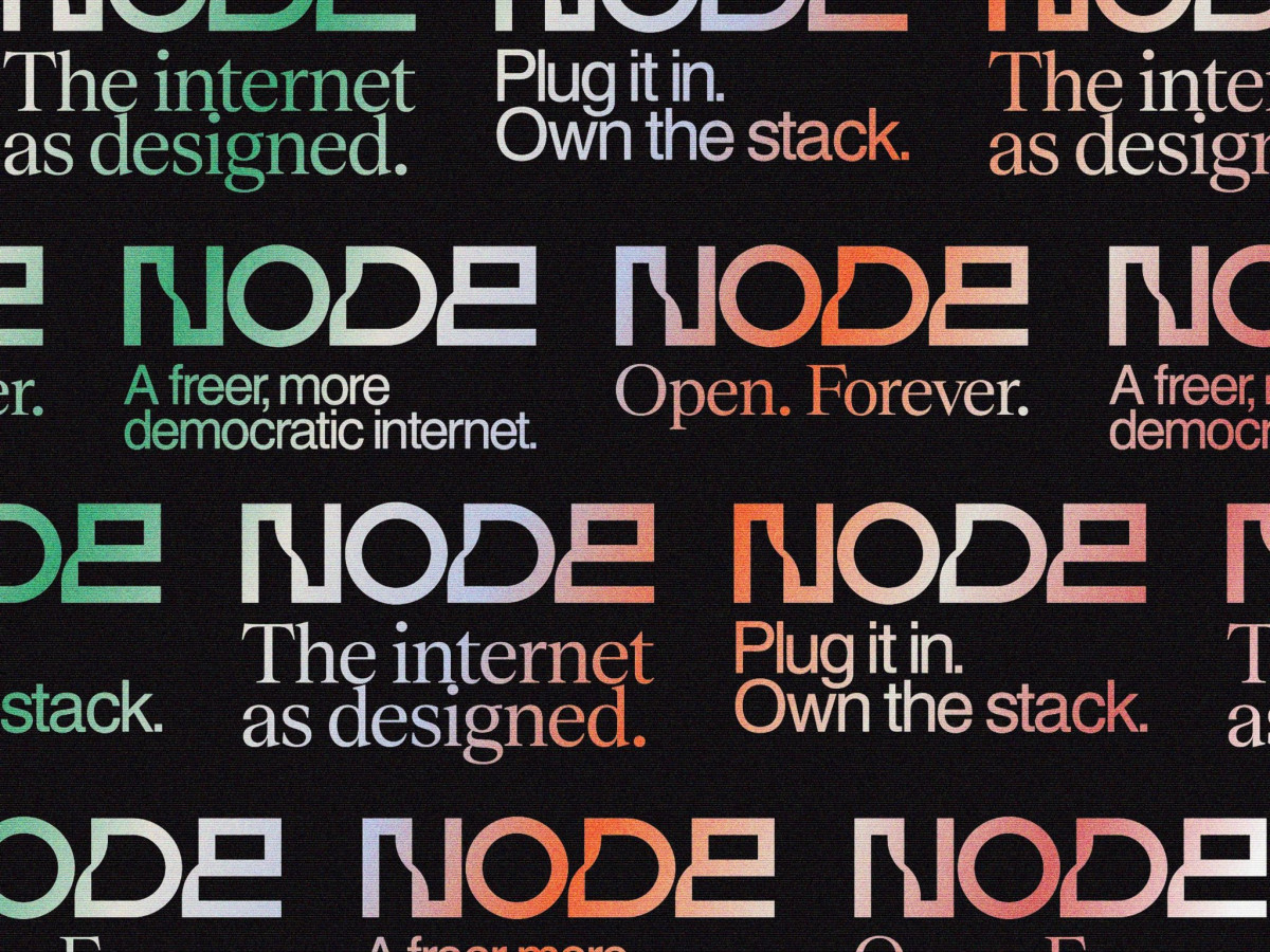 Colorful NODE logos and taglines on black background.