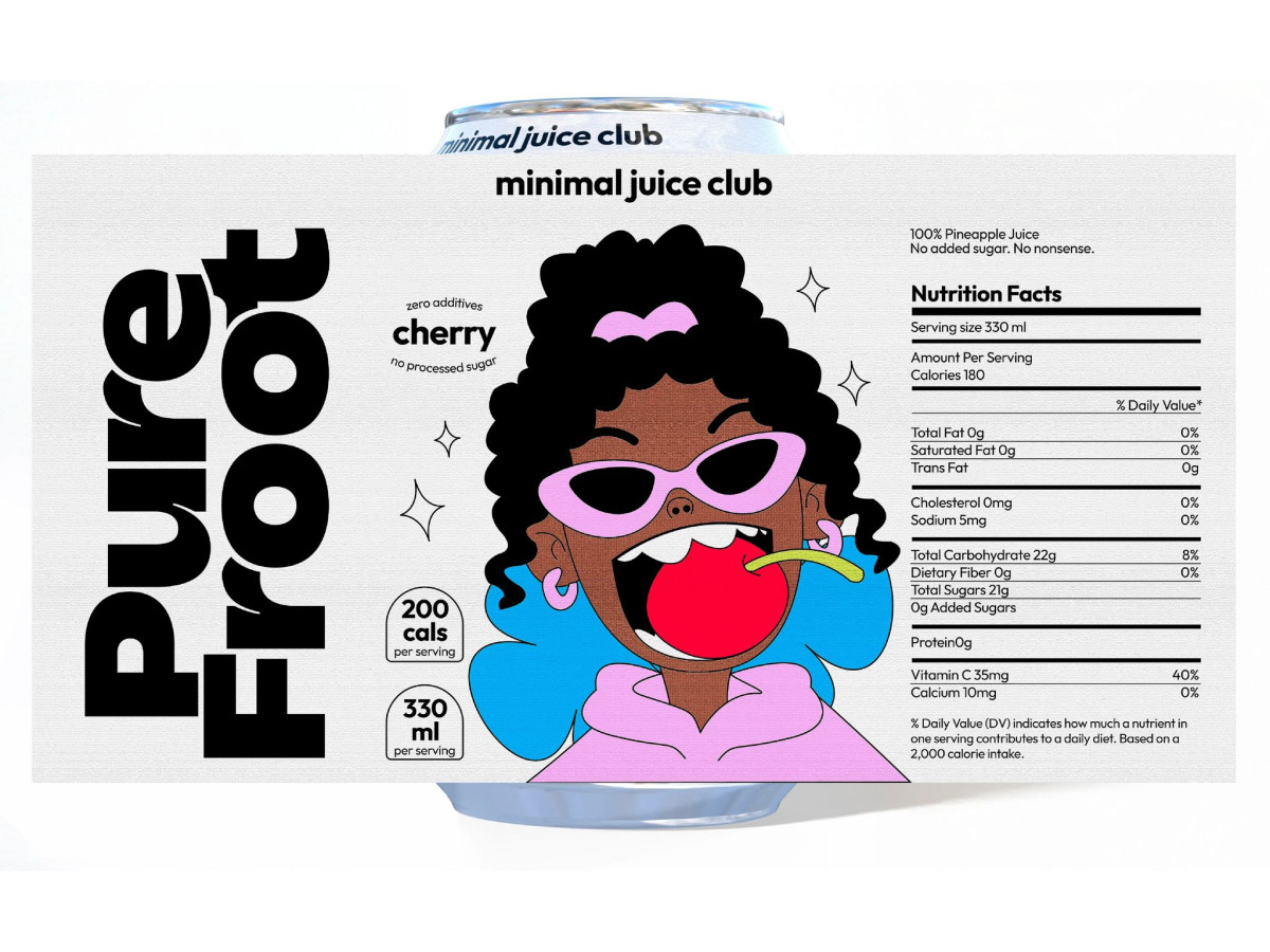 Pure Froot cherry juice label featuring a cartoon girl.