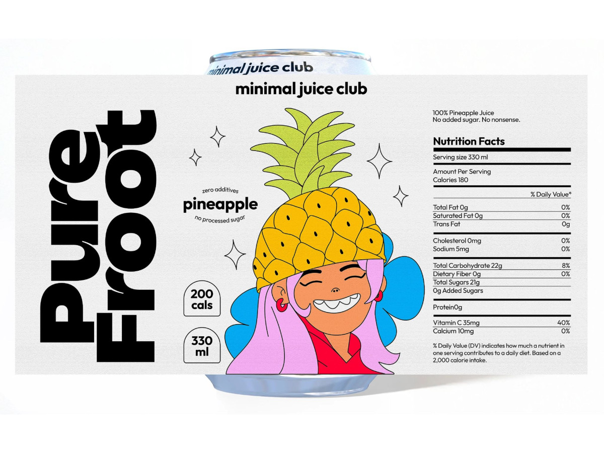Pure Froot pineapple juice label with pineapple hat girl.