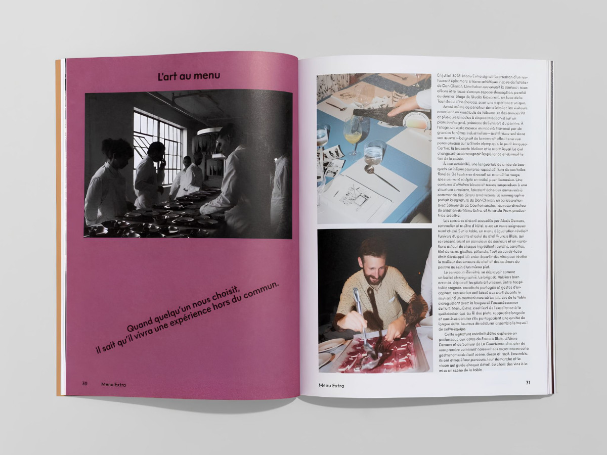 Open Ligne magazine spread featuring restaurant kitchen photography.